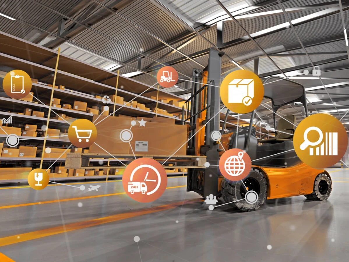 Icon-Sammlung über einem Bild mit Gabelstabler in einer Lagerhalle